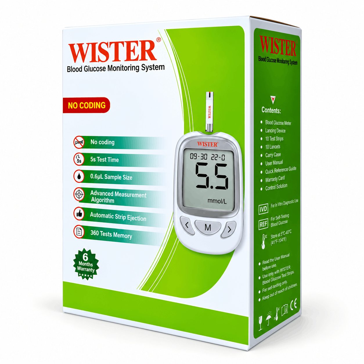 Wister Blood Glucose Monitoring System – No Coding Glucometer with 5-Second Test, 0.6 μL Sample & 500 Memory