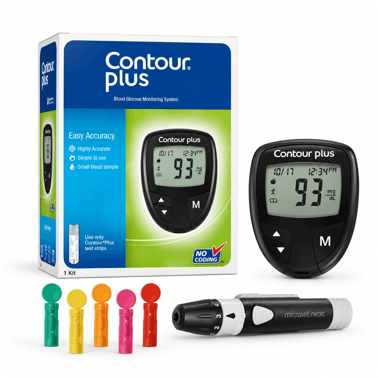 Contour Plus Auto-Coded Blood Glucose Monitoring System – 5 Second Glucometer with Lancing Device & Lancets jar