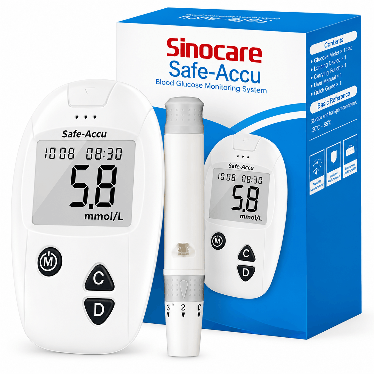 Sinocare Safe-Accu Blood Glucose Monitoring System – 10 Second Diabetes Testing Meter with 200 Memory