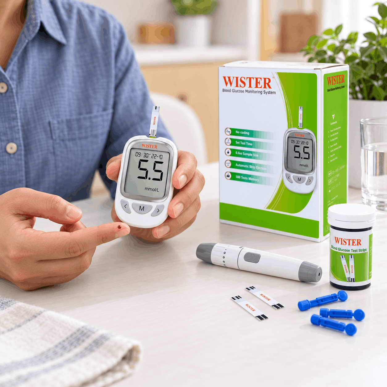 Wister Blood Glucose Monitoring System – No Coding Glucometer with 5-Second Test, 0.6 μL Sample & 500 Memory 3
